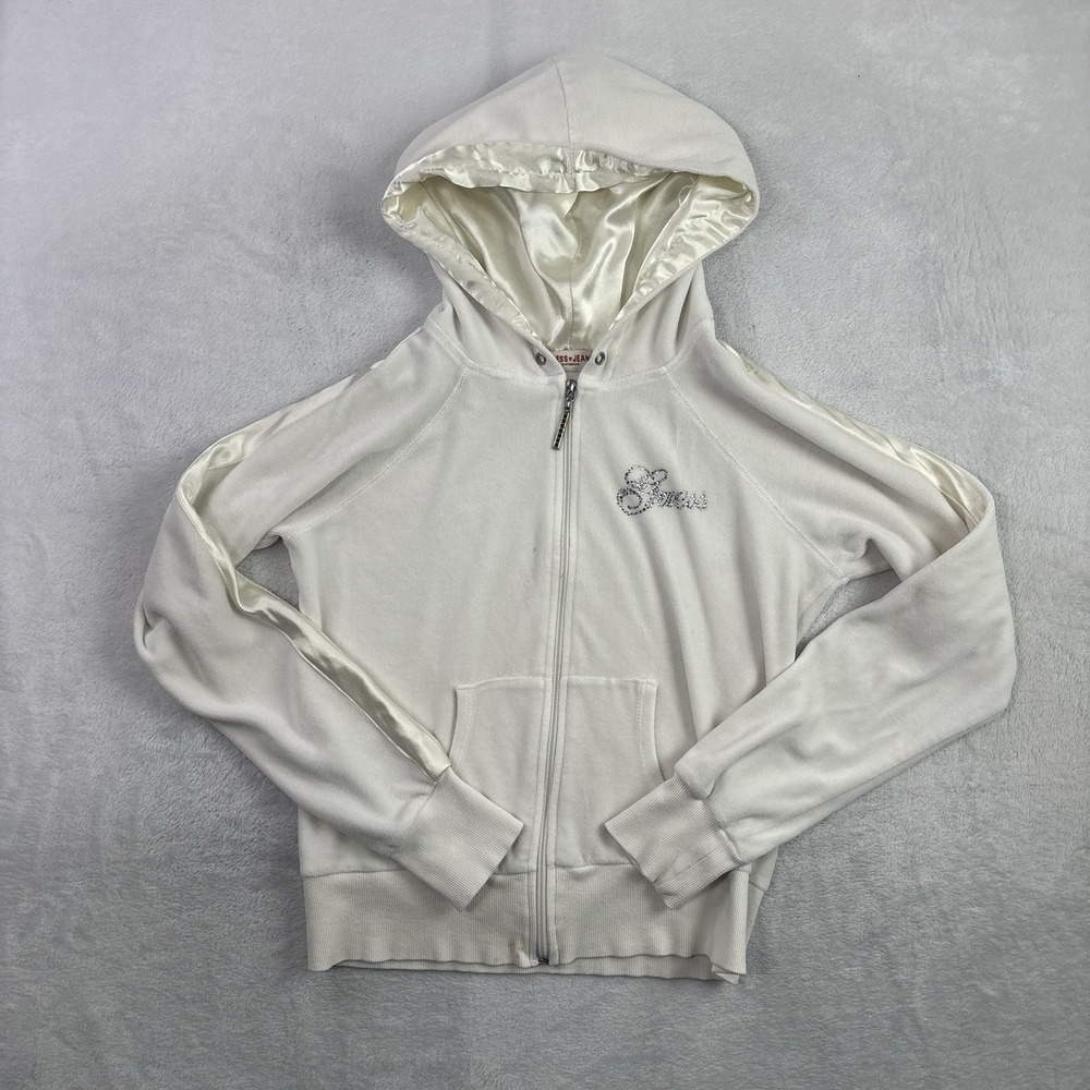 Y2K Guess Jeans Full Zip White Satin Velour Hoodie Stains Women's Medium